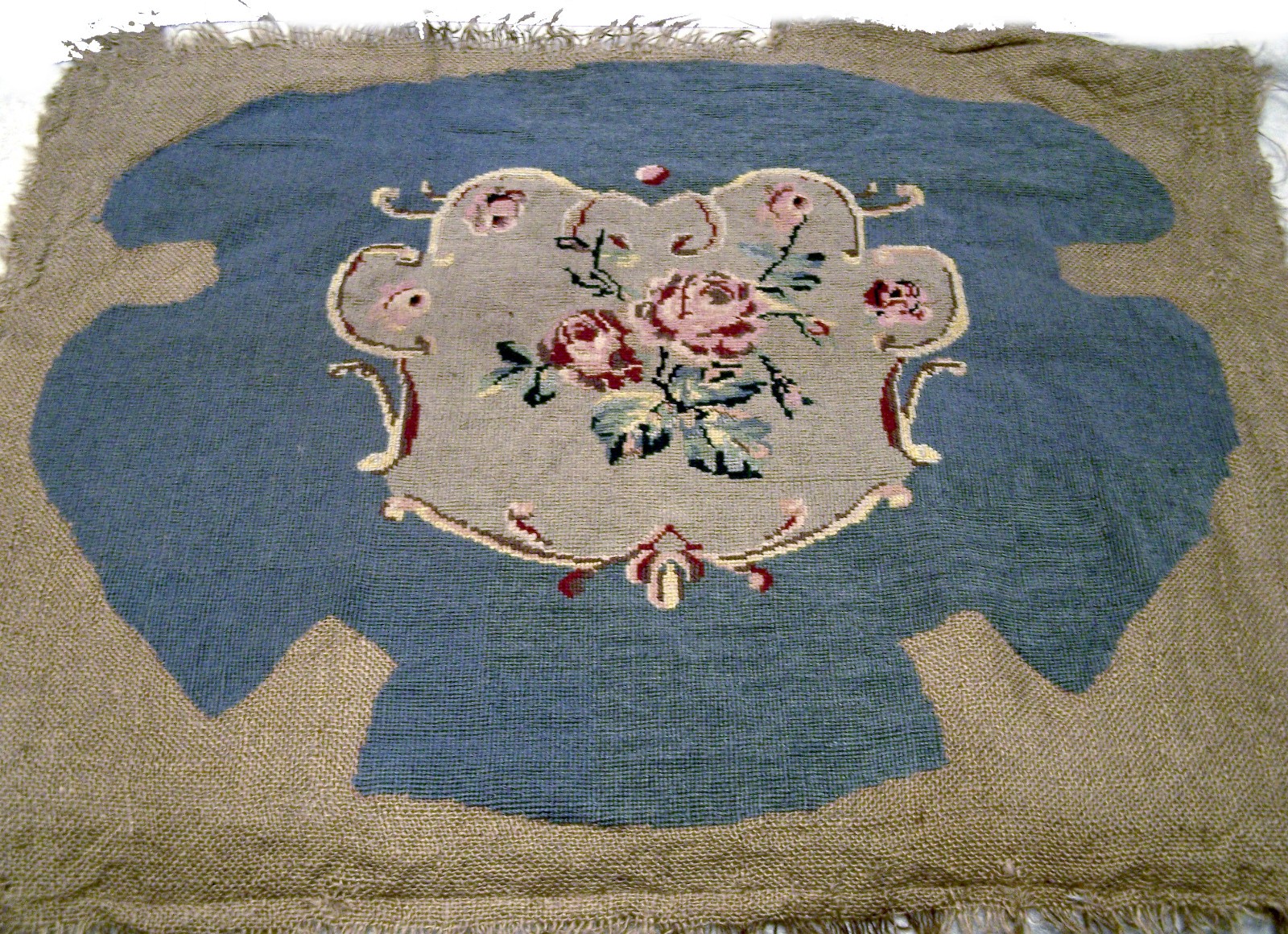 Antique Victorian Completed Needlepoint Parlor Chair Floral Seat Cover Pattern