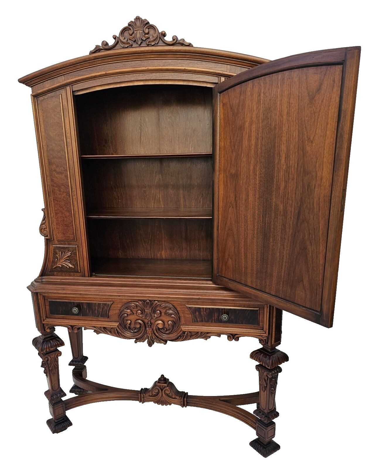 Antique 1920s Rockford Carved Walnut w/ Marquetry Bar or China Cabinet Hutch