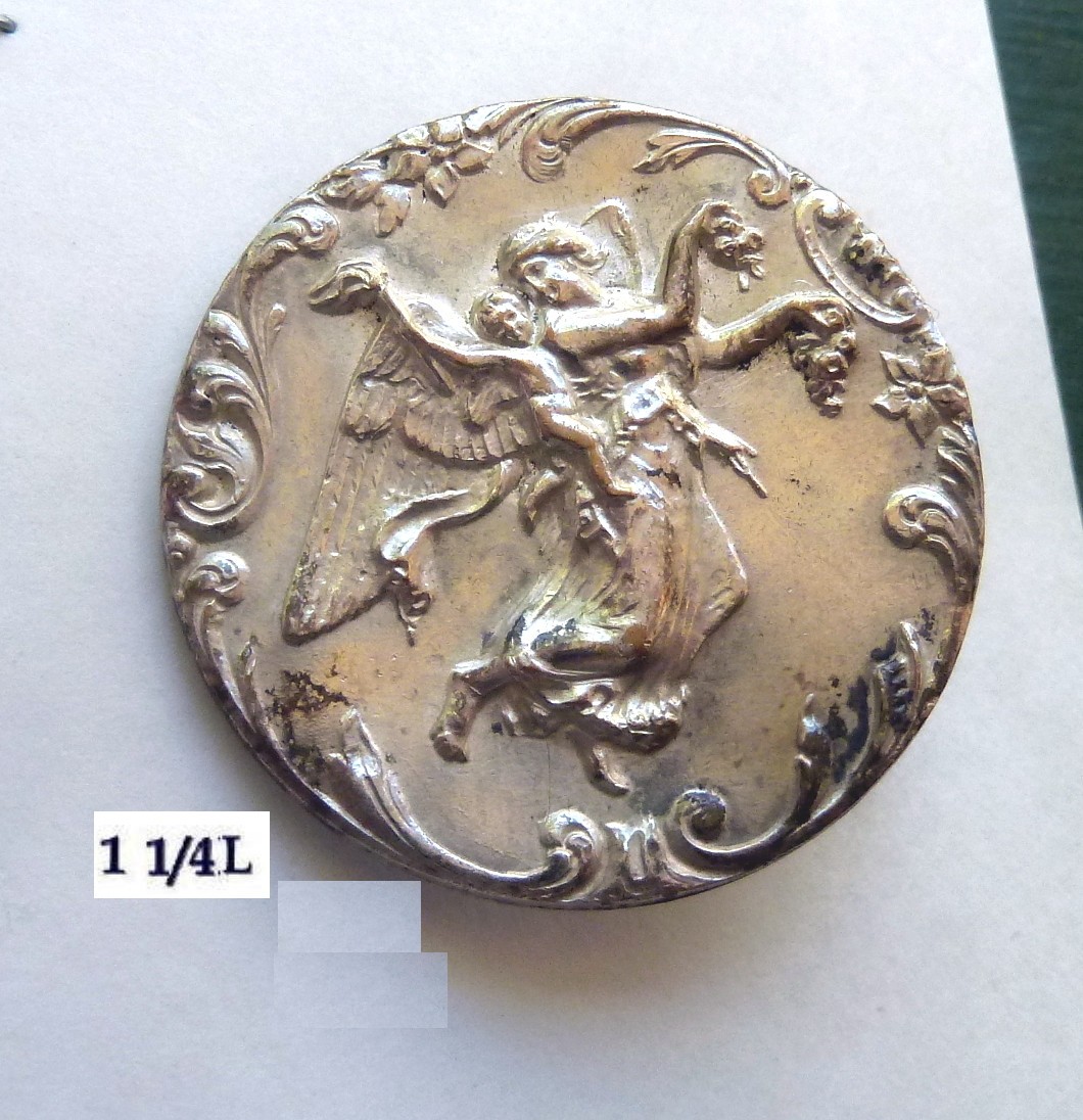 LG 1 1/4 Thorwaldsen “DAY” Angel & Child Design Antique Button Silver Plate