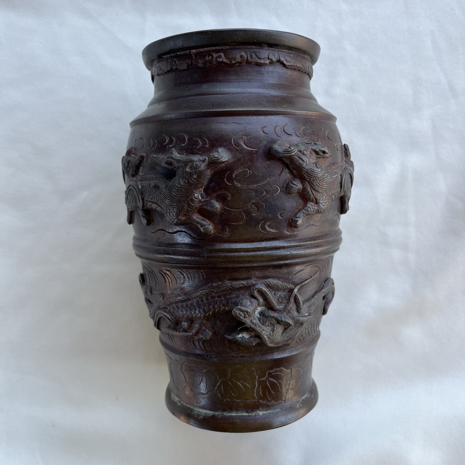 Japanese bronze high relief vase Meiji signed Yoshida Seikiyo
