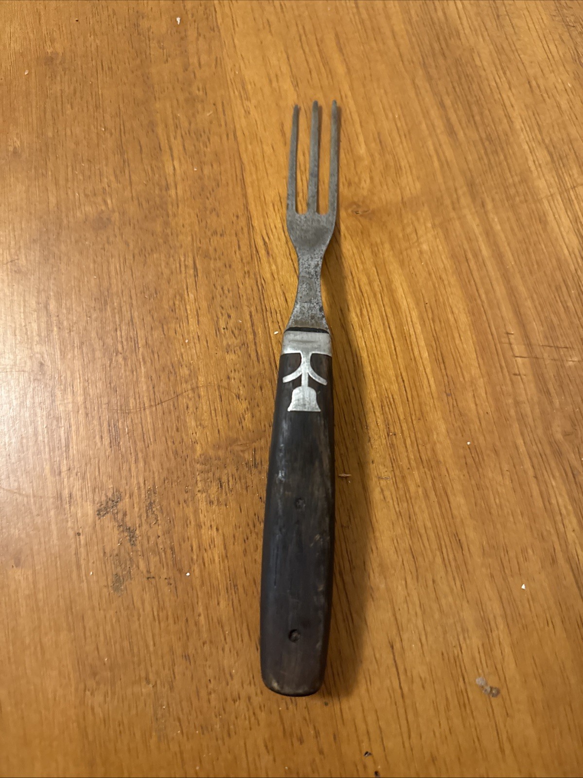 Antique Civil War Era TABLE FORK 3 Tined with Wood Handle Pewter Inlay
