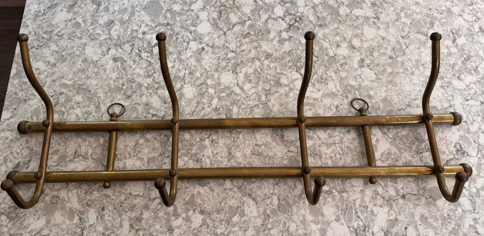 Vintage Solid Brass Wall Mounted Coat Hat Rack 30” Mid Century 8 Hook Hollywood
