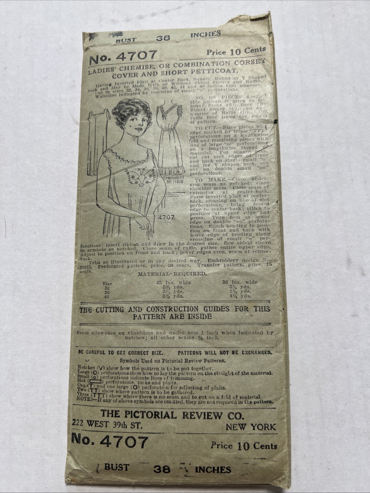 Antique Pictorial Review Sewing Pattern Chemise Bust 38 Corset Cover Petticoat