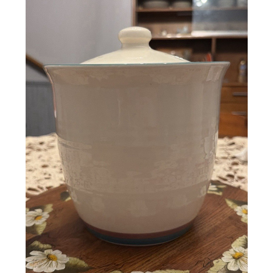Phaltzgraff Ceramic Round Canister with Lid, White purple & Blue Trim