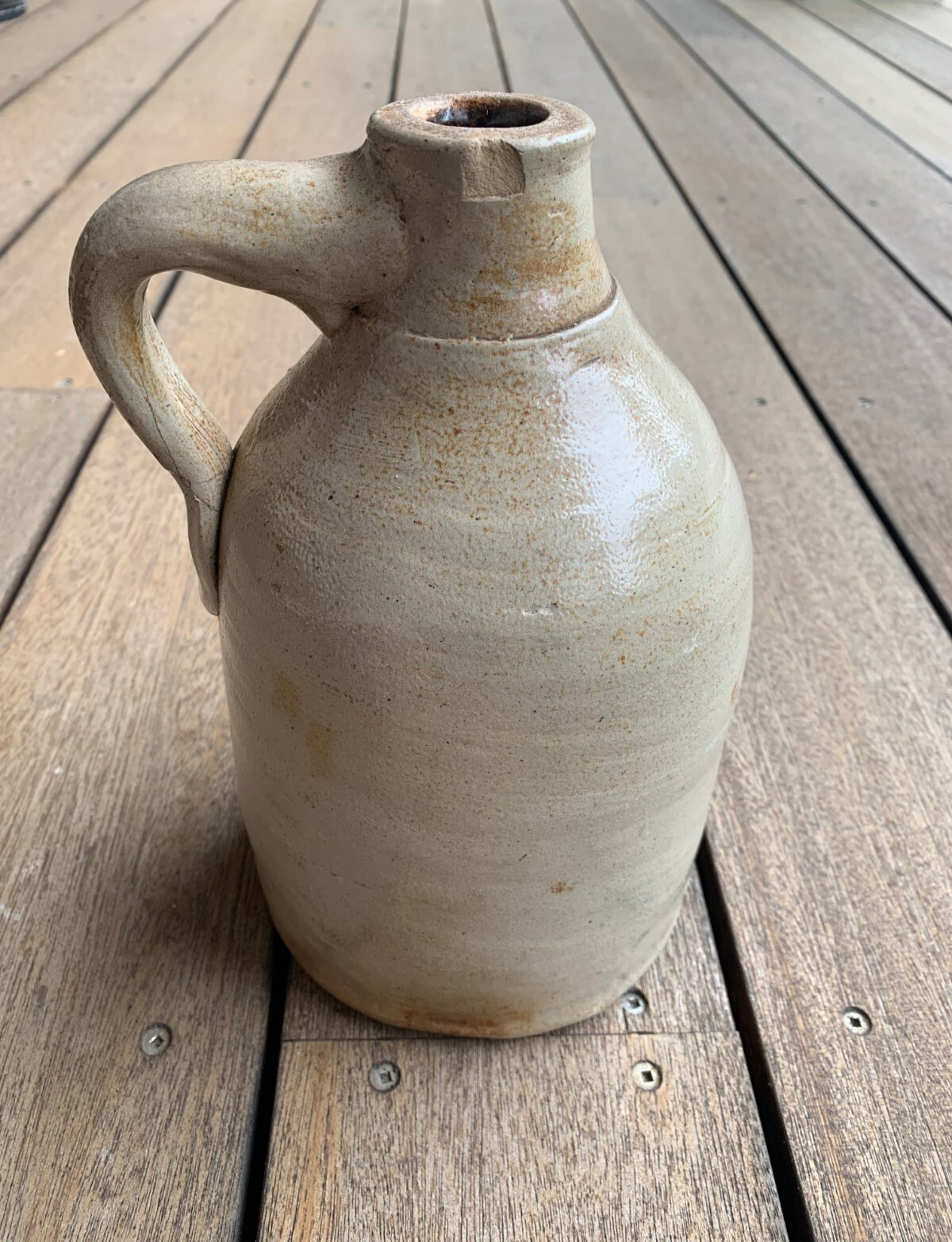 Antique Primitive Salt Glazed Stoneware Jug Farmhouse Taupe Beige Gray 9.25″