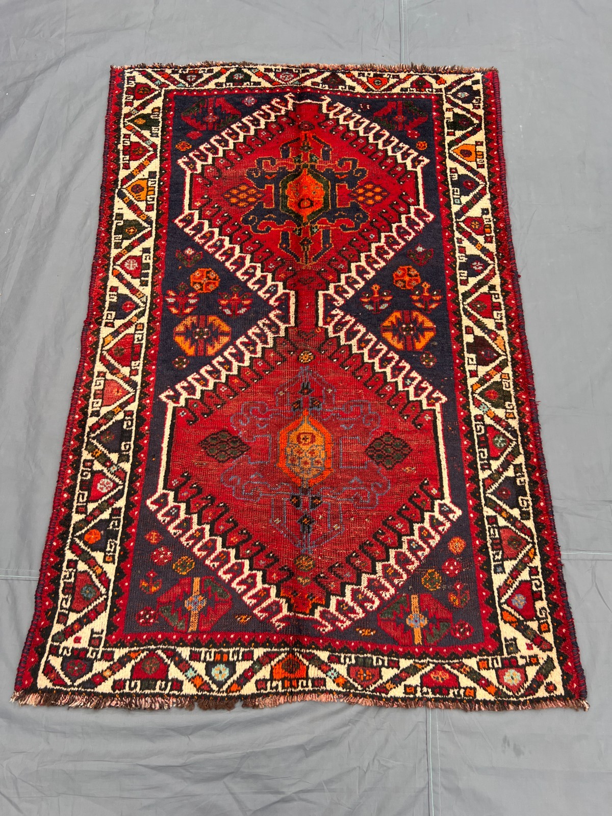 3’8×5’5 ft Vintage Afghan Baluchi Red & Navy Geometric Diamond Design Area Rug