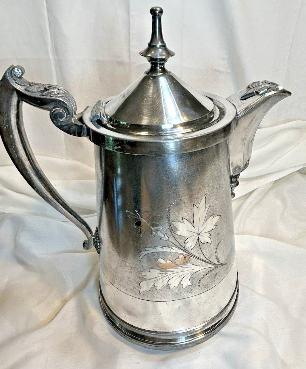 JA s Stimpson Antique Water Pitcher Etched Ceramic Lined Silver Plate 1800’s