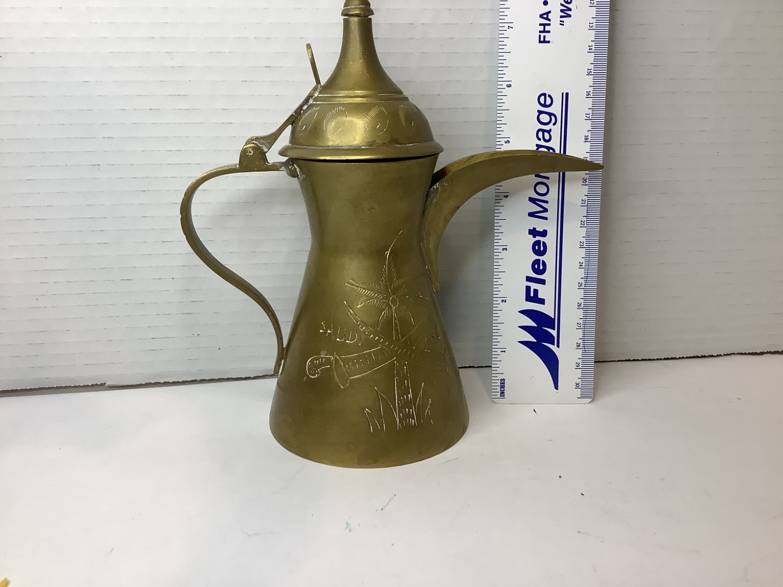 Dallah Coffee Tea Pot Saudi Arabia Etched Floral Swords Palm Vintage Brass