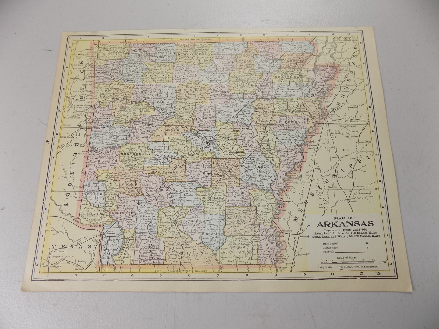 1899 PEERLESS Atlas Map of ARKANSAS, backed with NORTH and SOUTH DAKOTA