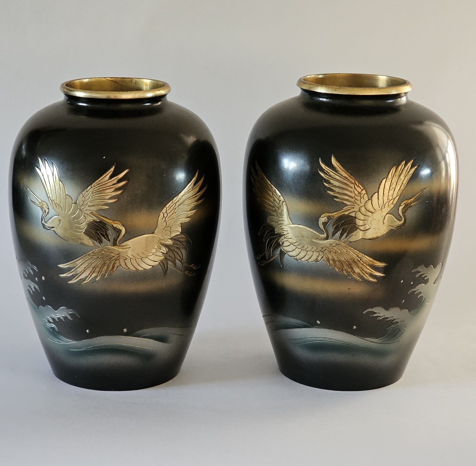 Pair Of Inlaid Shibuichi Ovoid Vases Seifu Meiji Taisho Early 20th Century 9″x6″