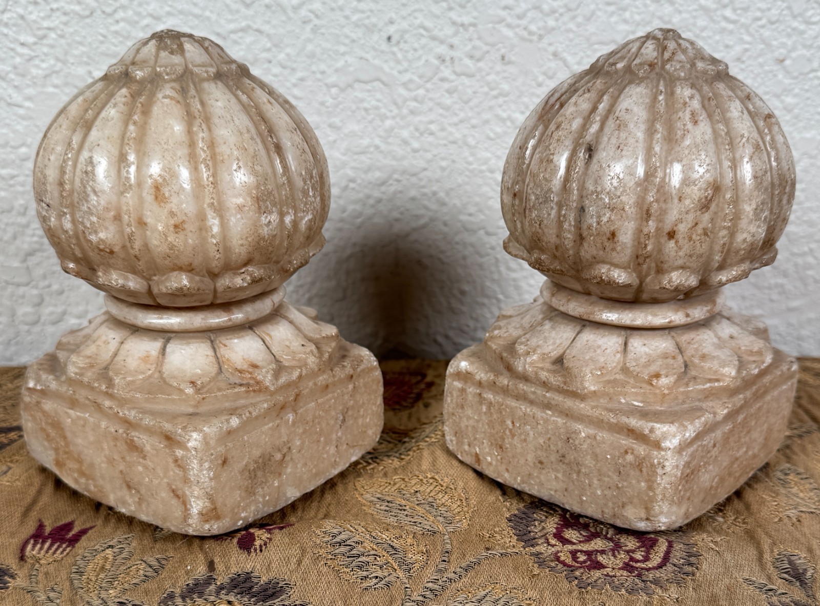 Antique Indian Mughal Carved Marble Carpet Rug Weights Lotus Sculpture 18th C.
