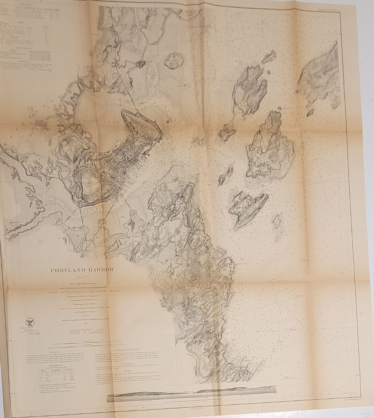 1866 US Coast Survey B&W nautical chart Portland Harbor Maine Bache