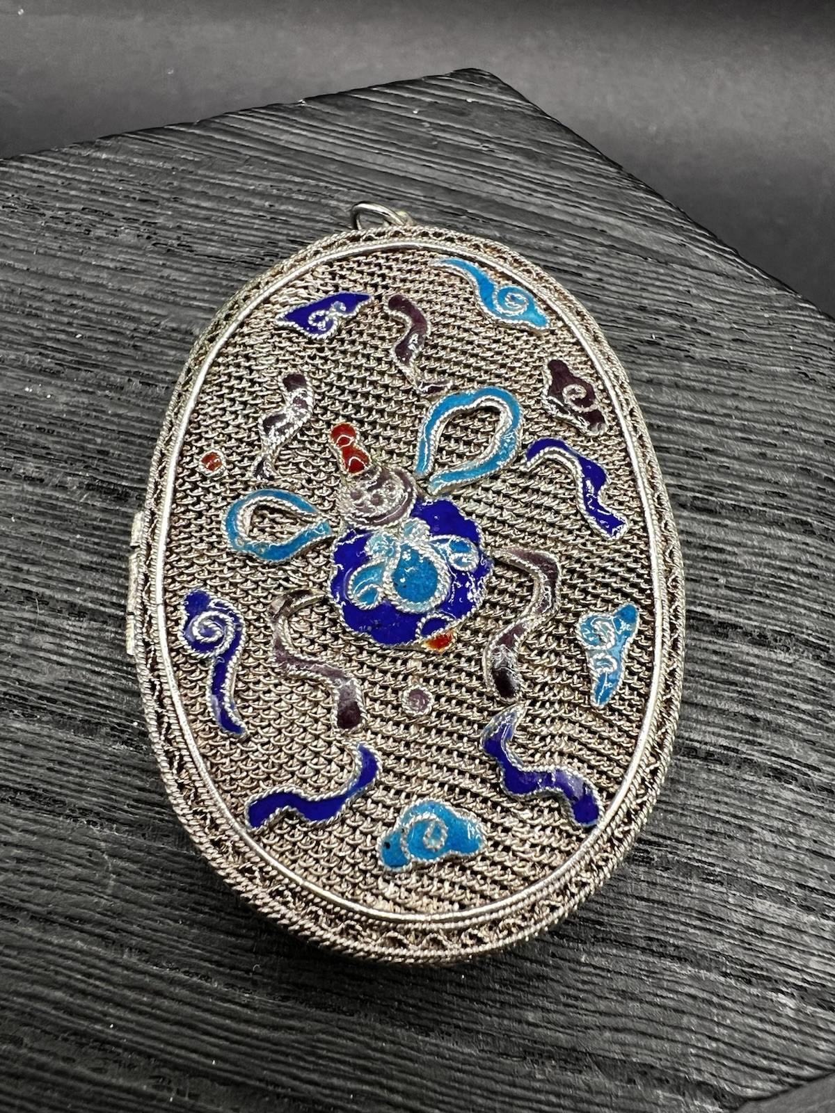 Chinese Export Sterling Silver Cloisonné Enamel Long Snuff Bottle Locket Pendant