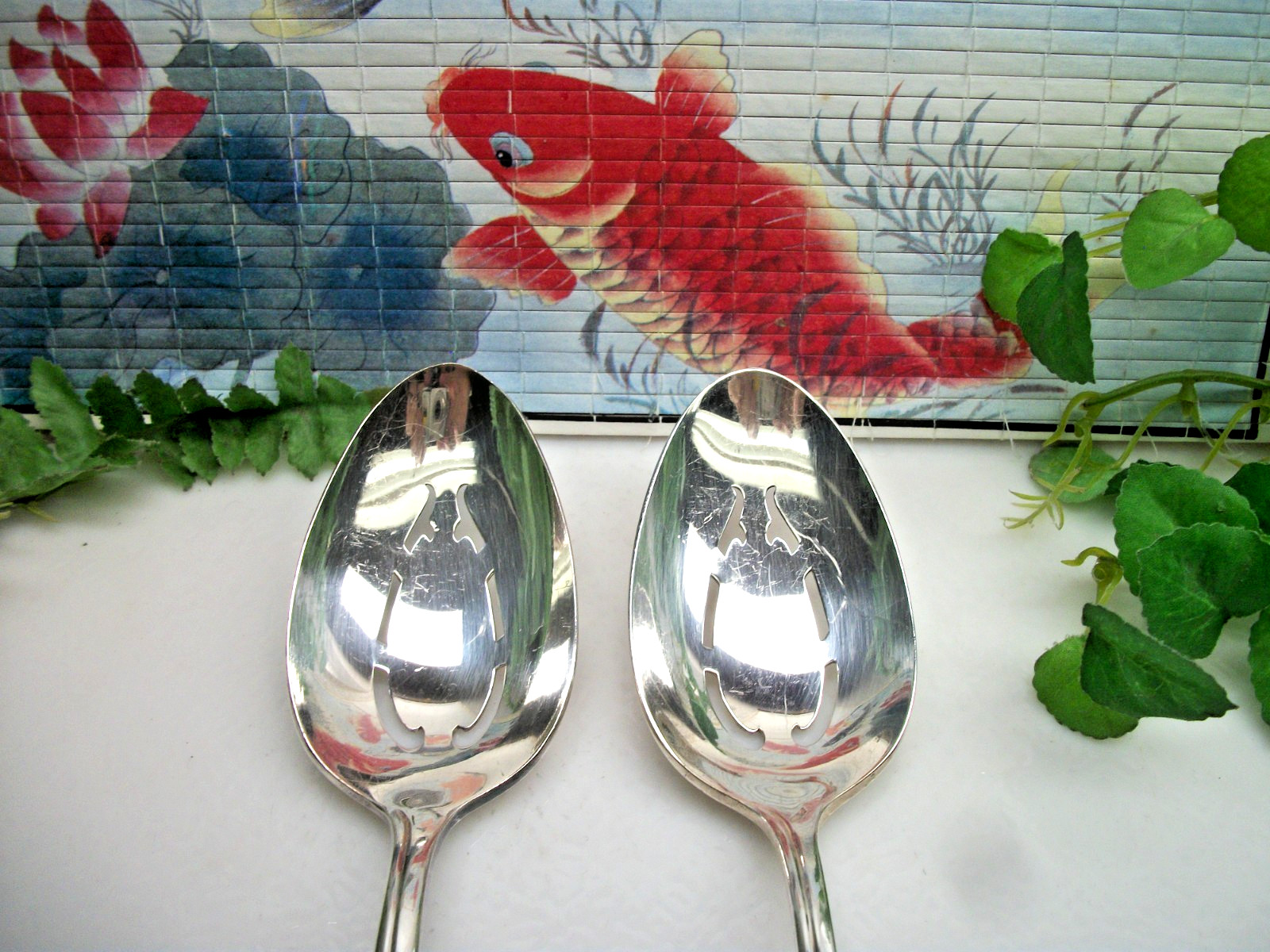 2 International Silver Holmes & Edwards ROMANCE Pierced Serving Spoons 1952