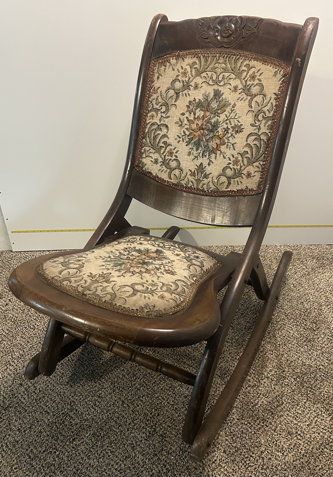 VTG Victorian Folding Carved Wooden Rose Rocking Chair Sewing Tapestry Fabric