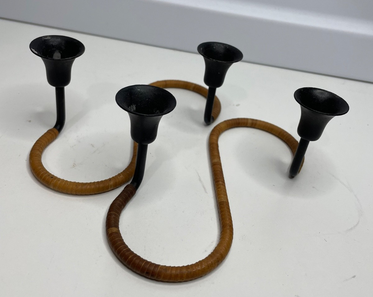 Pair Laurids Lønborg Rattan minimalist candlesticks Holder Danish 1960s