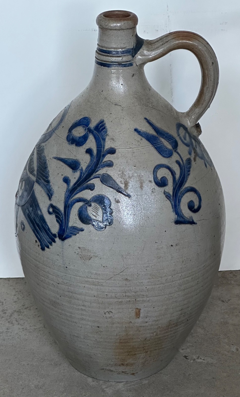 19th c. Westerwald 18” Stoneware Incised Salt Glazed Cobalt Blue Ovoid Bird Jug