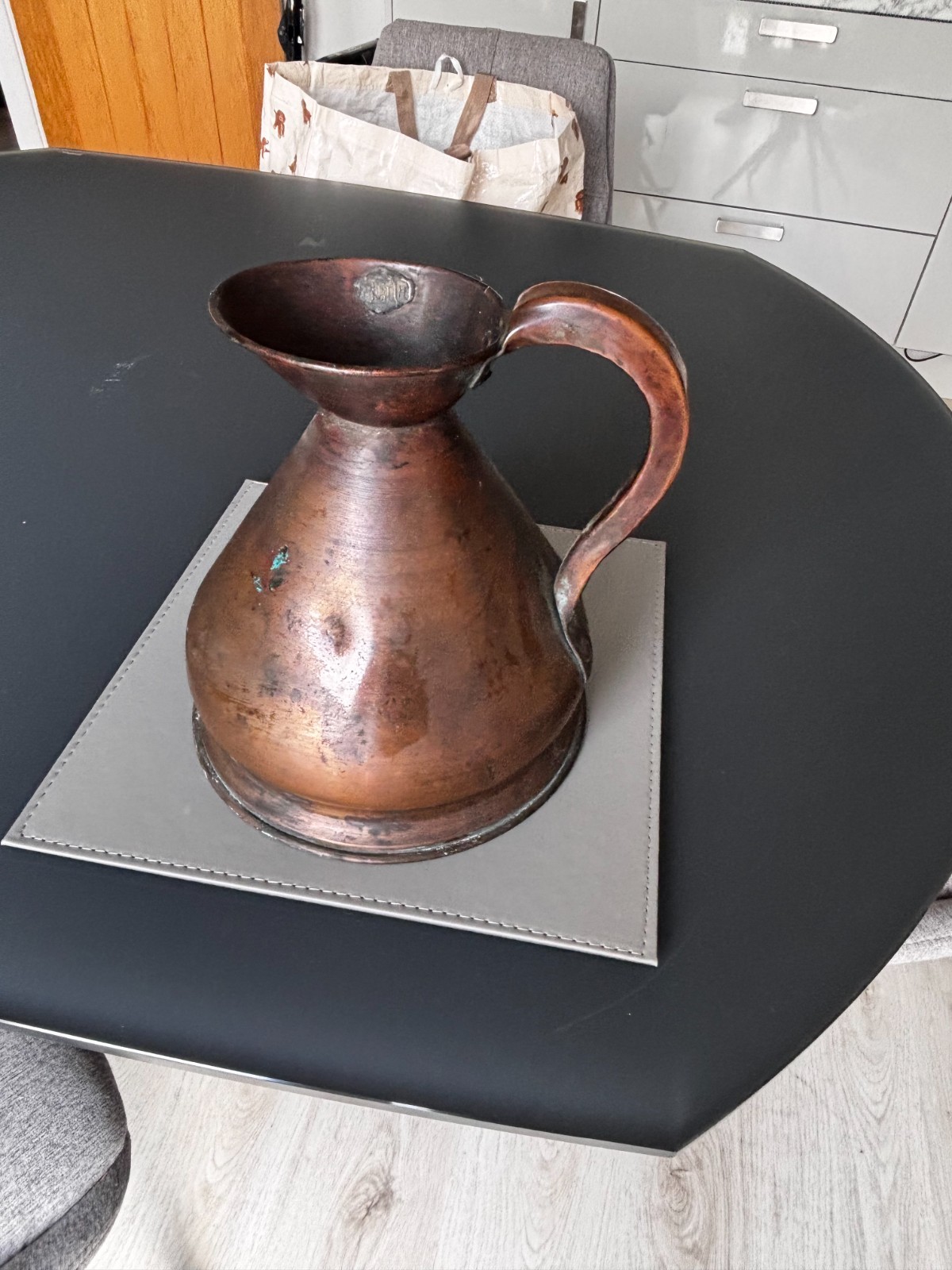 Jug B Antique COPPER 1/2 gallon 4 pint Large 9″ tall, ale measure haystack