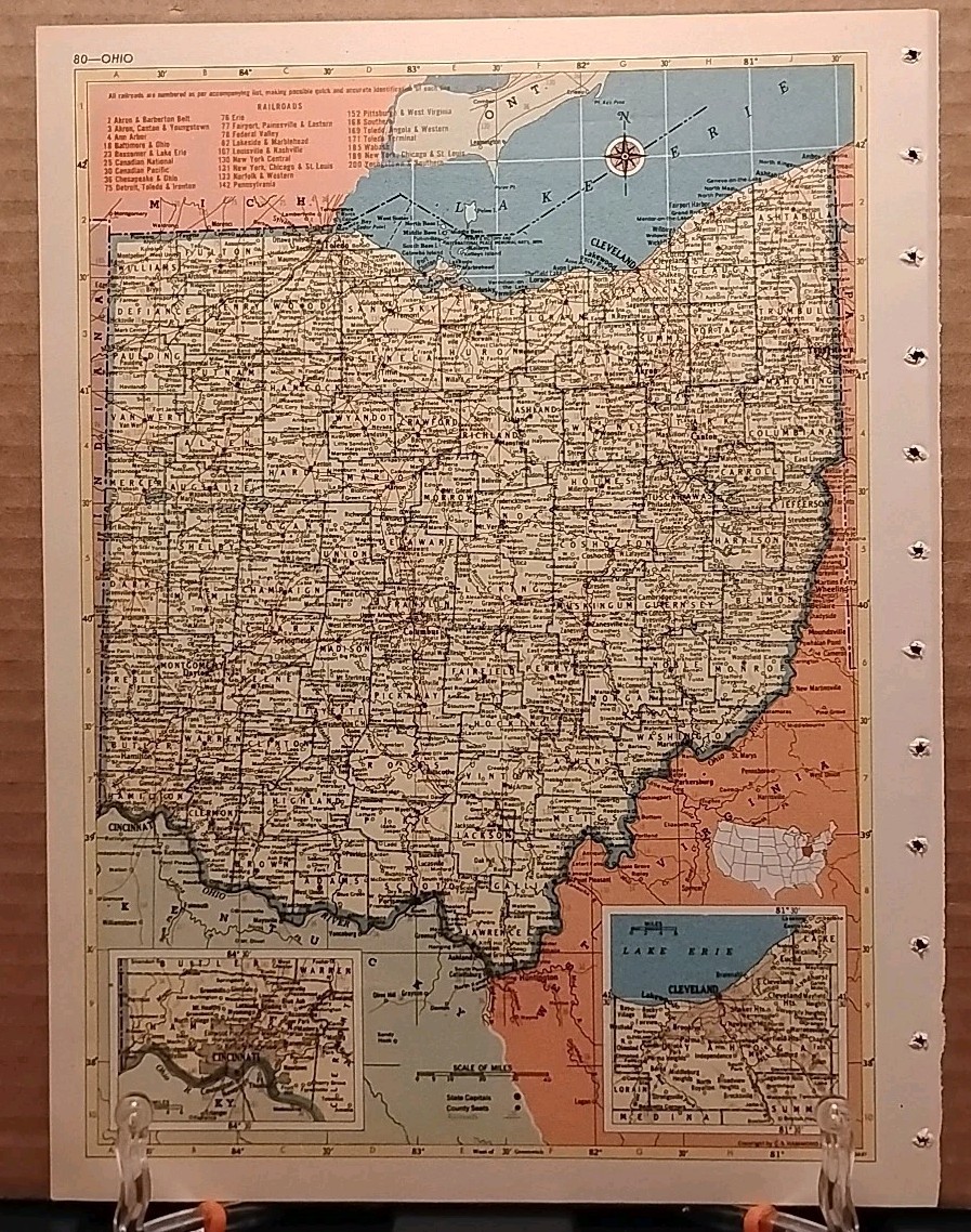 1953 Vintage OHIO Antique Atlas Map Hammond’s World Atlas Superior Edition