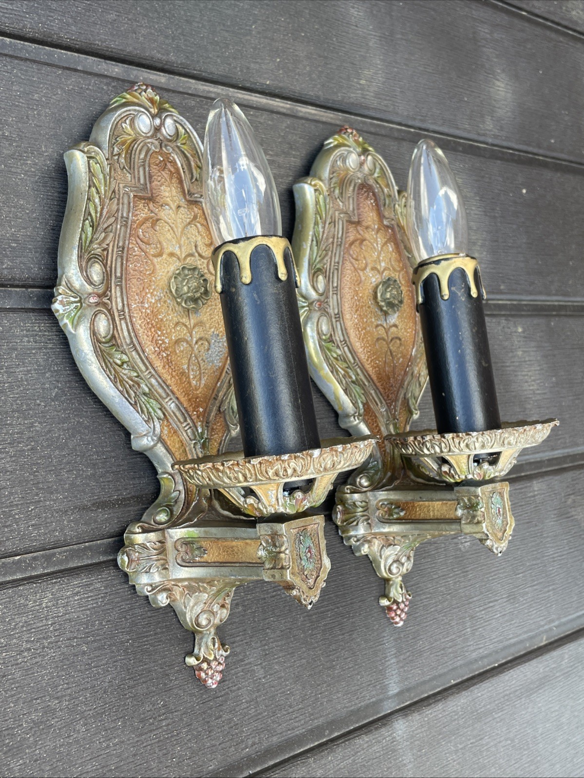 REWIRED Pair Antique Vtg Polychrome Wall Sconces Arts & Crafts, Deco 1920s 1930s