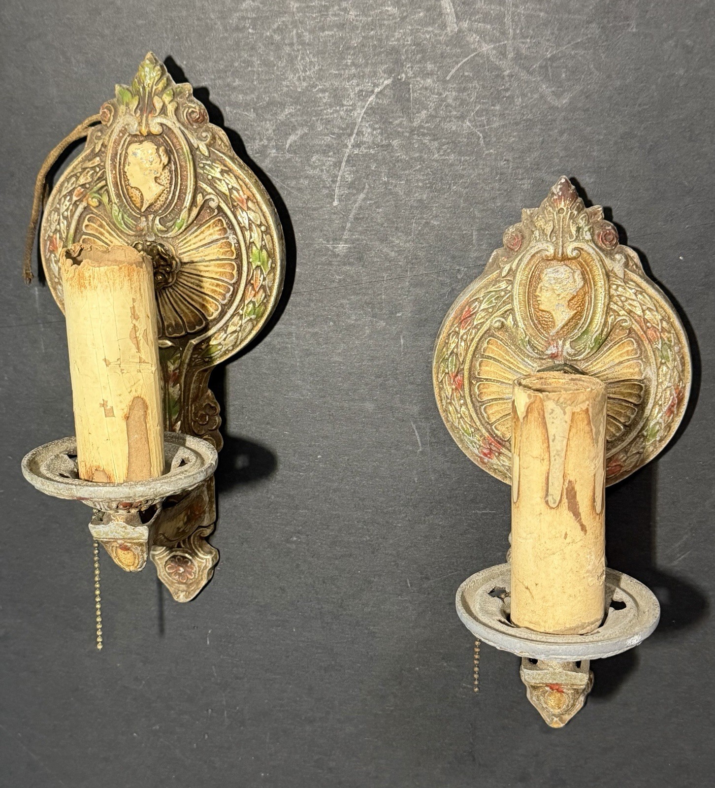 Circa 1910 Pair Of Edwardian Polychromed Portrait Medallion Wall Sconces