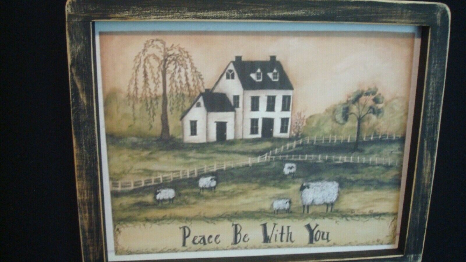 Primitive Country Print **PEACE BE WITH YOU** black frame 11 1/2″ x 9″