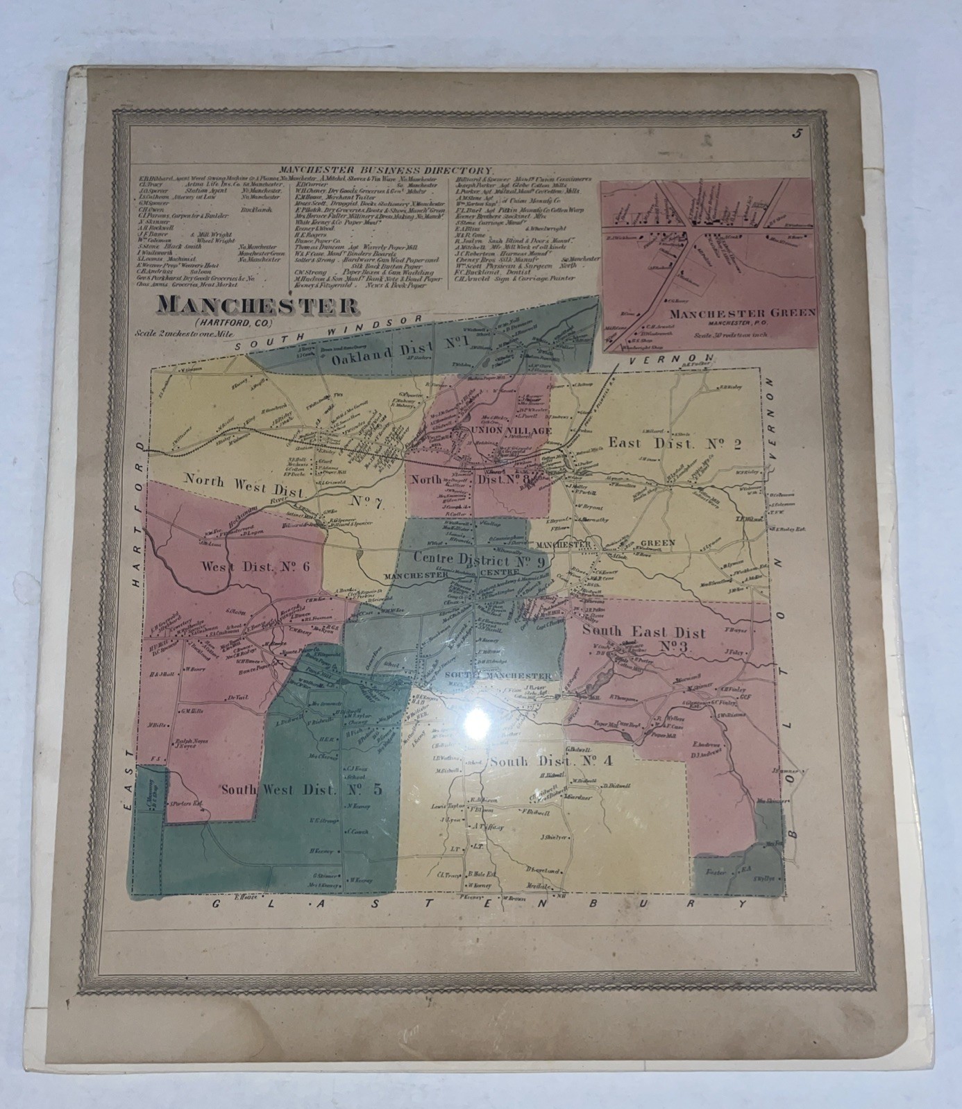 Vintage Mid 1800’s Undated Map of Manchester Connecticut In Color 17.5×14 inches
