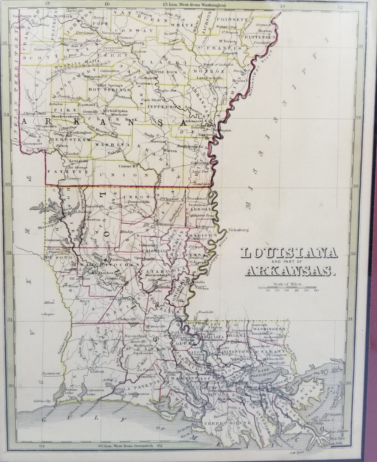 Louisiana Arkansas Original 1835 Antique Map Bradford Matted