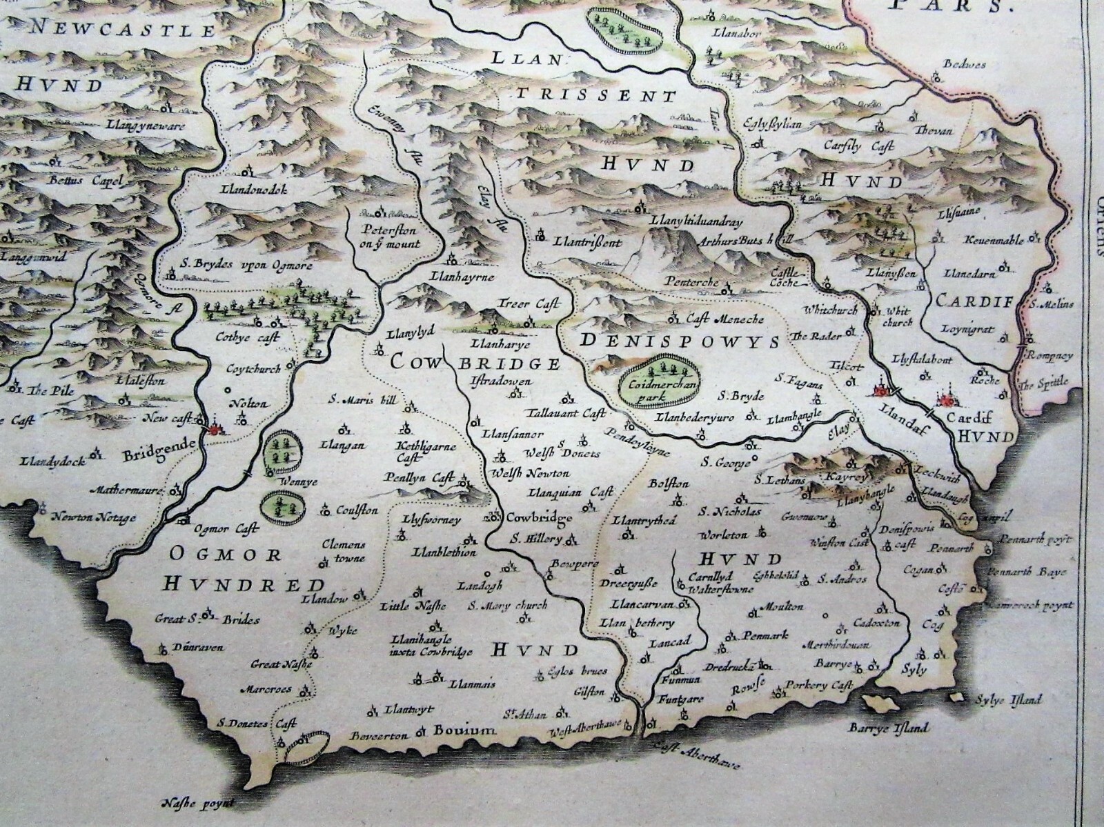 GLAMORGANENSIS COMITATUS; Vulgo GLAMORGAN SHIRE. J Blaeu c.1646 Antique original
