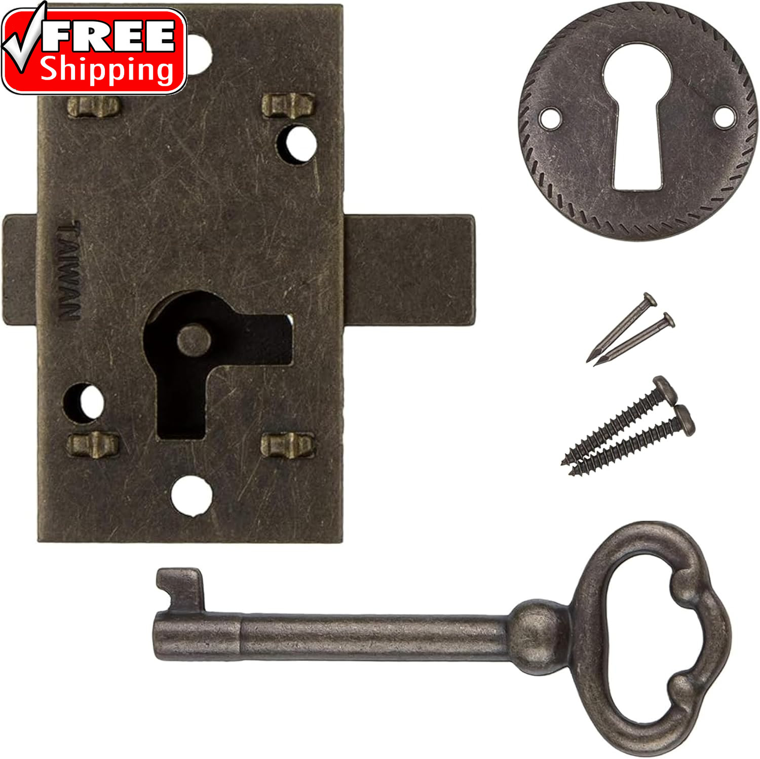 Small Antique Brass Flush Mount Cabinet Door Lock with Key – 1″ Wide X 1 3/4″ Hi