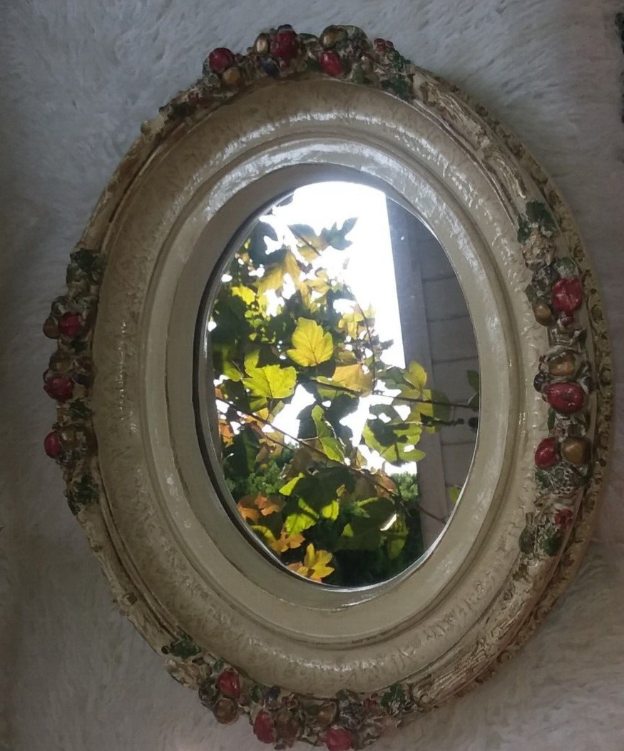 1930s ANTIQUE Old Oval Wooden Frame Mirror Handcrafted Wall Hanging 20×15