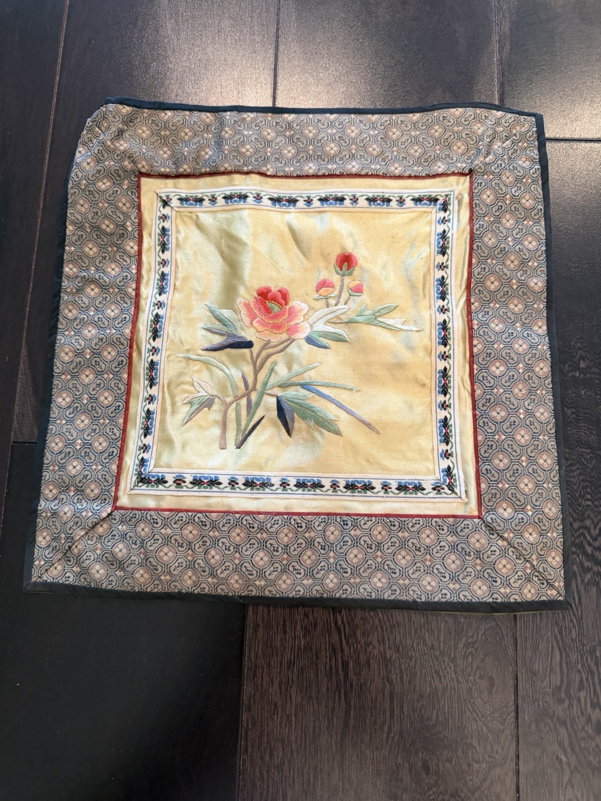 Vintage Chinese Hand Embroidered Silk Panel Flowers On Gold Background 10.75”