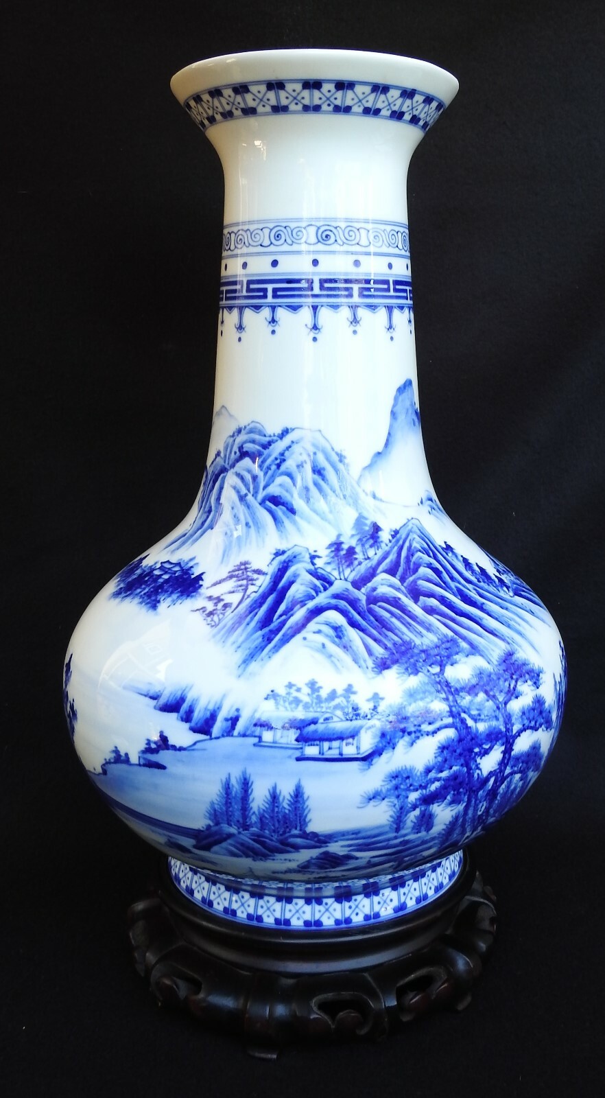 16 1/2″ Chinese Porcelain Qing Qianlong Dynasty Mark Blue & White Mountain Vase