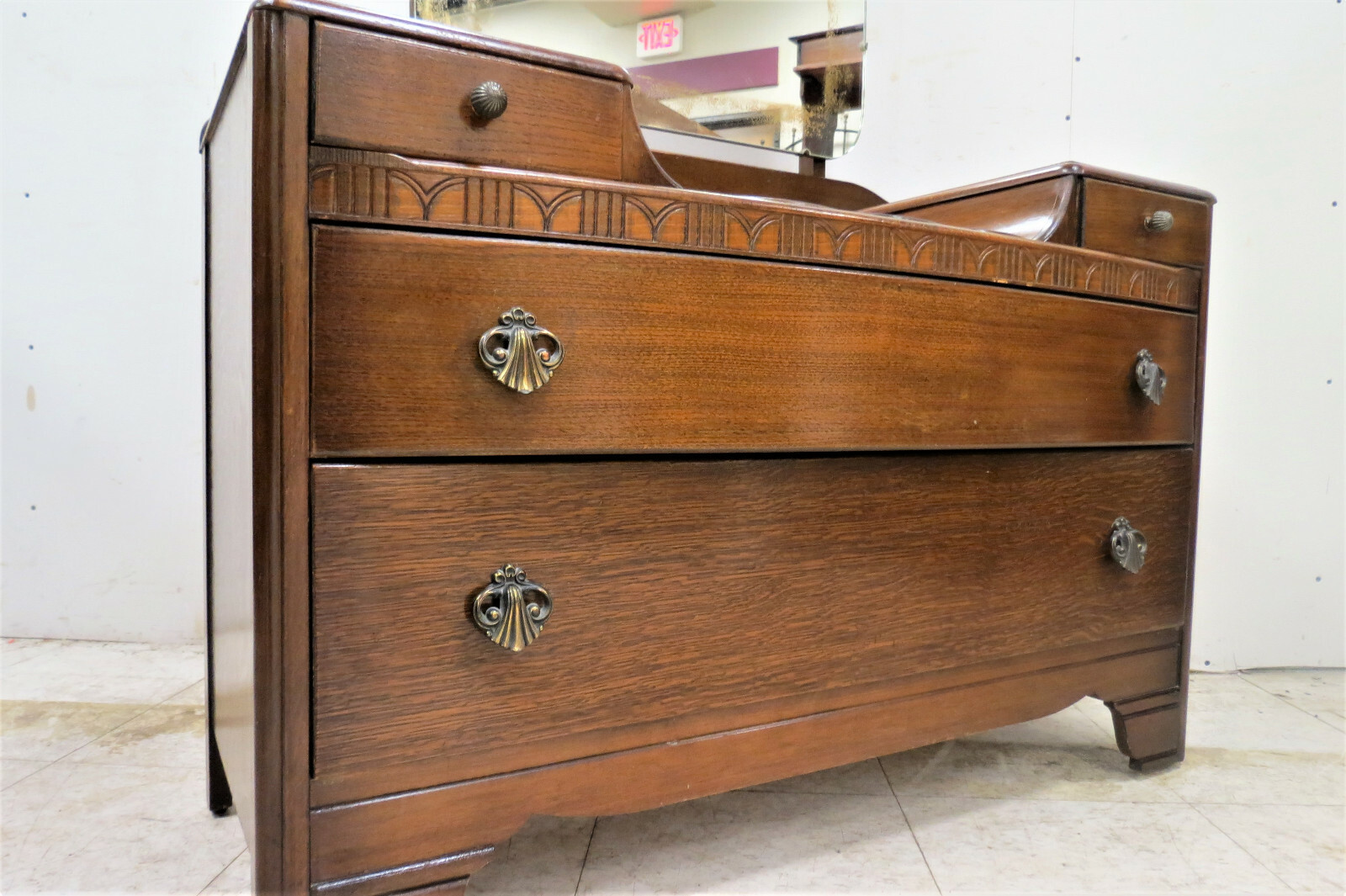 Vintage English Tiger Oak Dresser With Beveled Mirror And Radial Top Drawer
