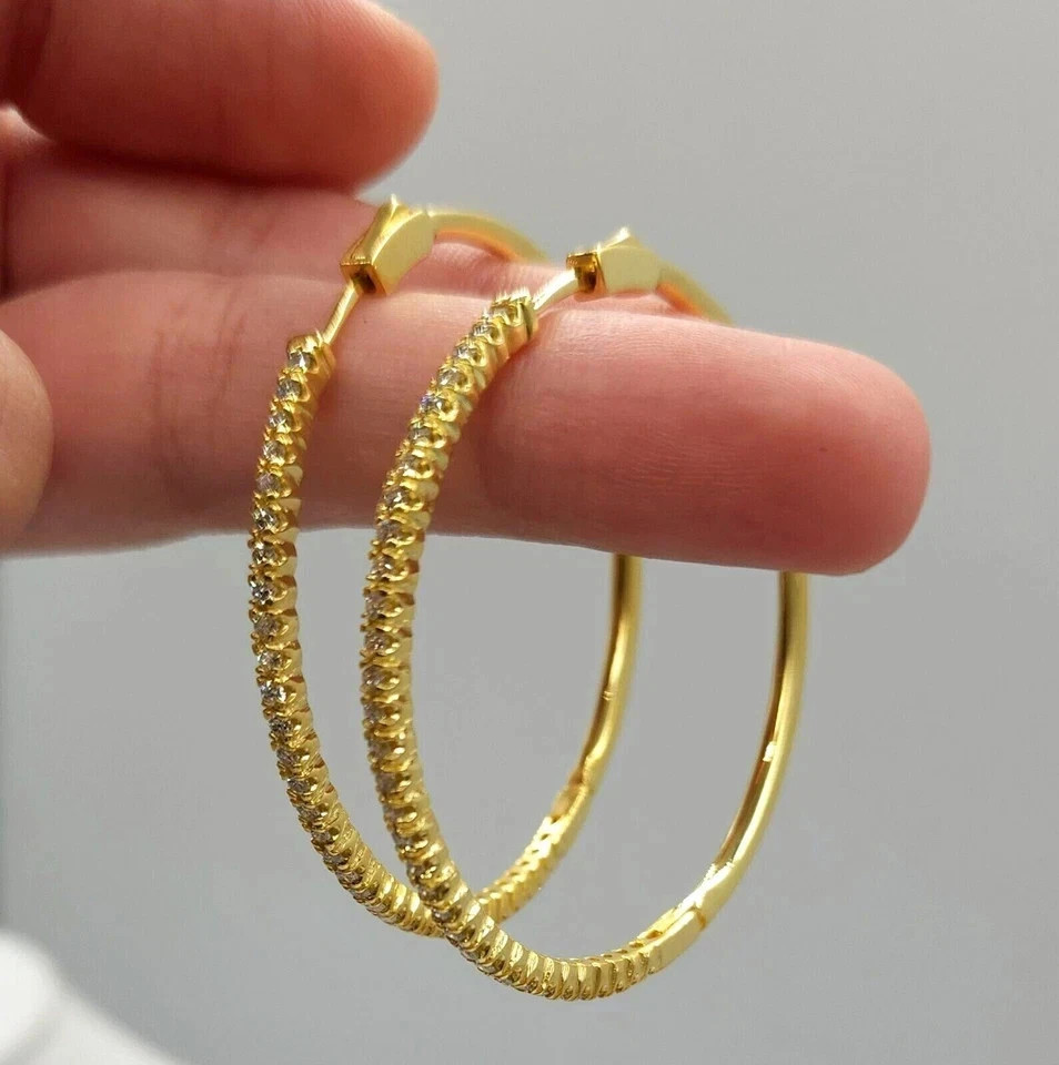3Ct Round Lab Created Diamond Large Women’s Hoop Earrings 14k Yellow Gold Plated