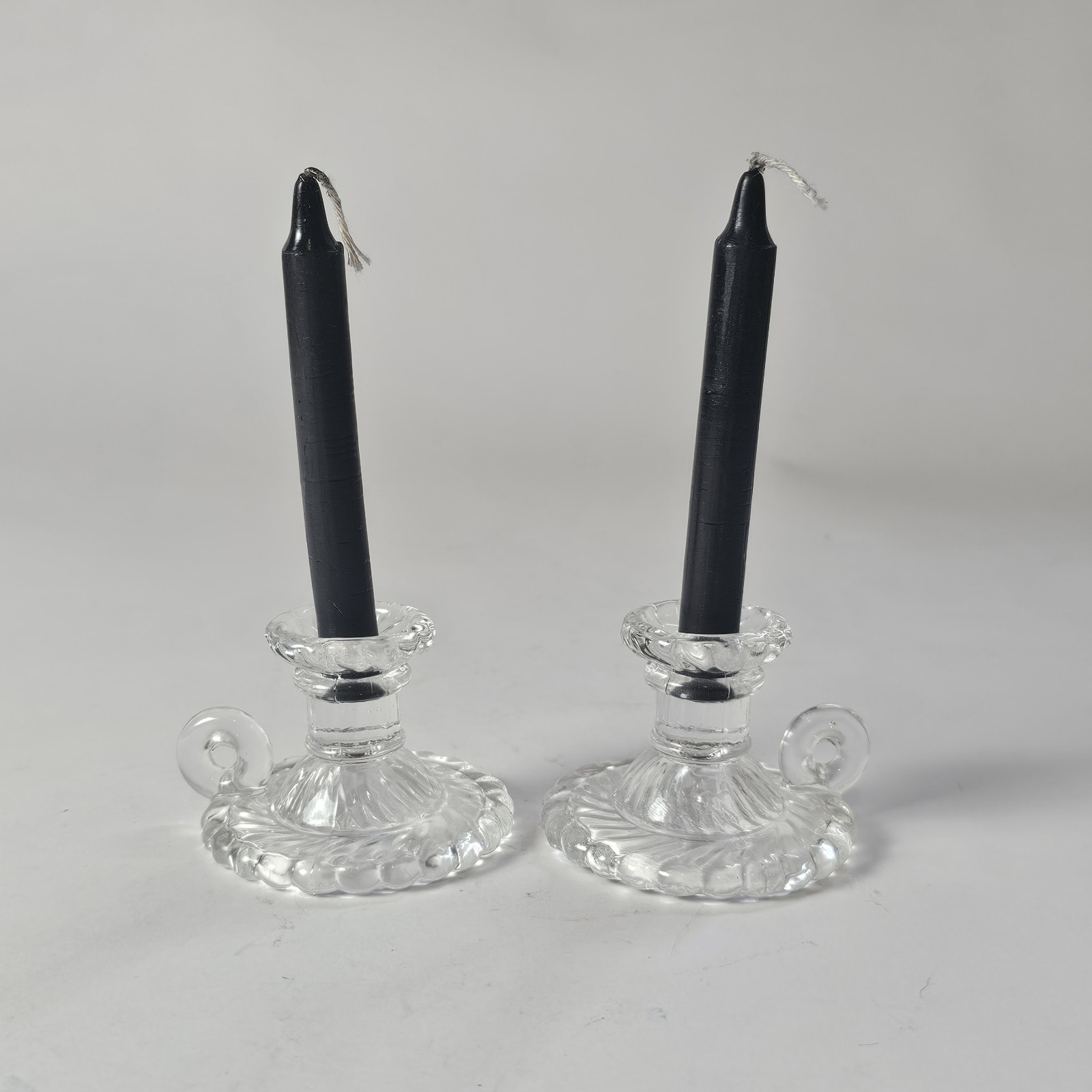 Pair 19th Century Antique Molded Glass Tapersticks Mini Chambersticks Candle