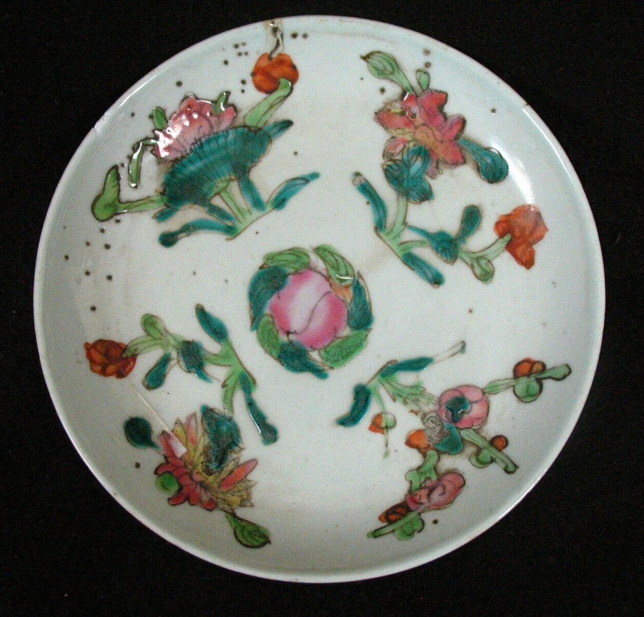 Antique 19th c Chinese Porcelain Floral Peach Famille Rose 6 1/4″ Plate