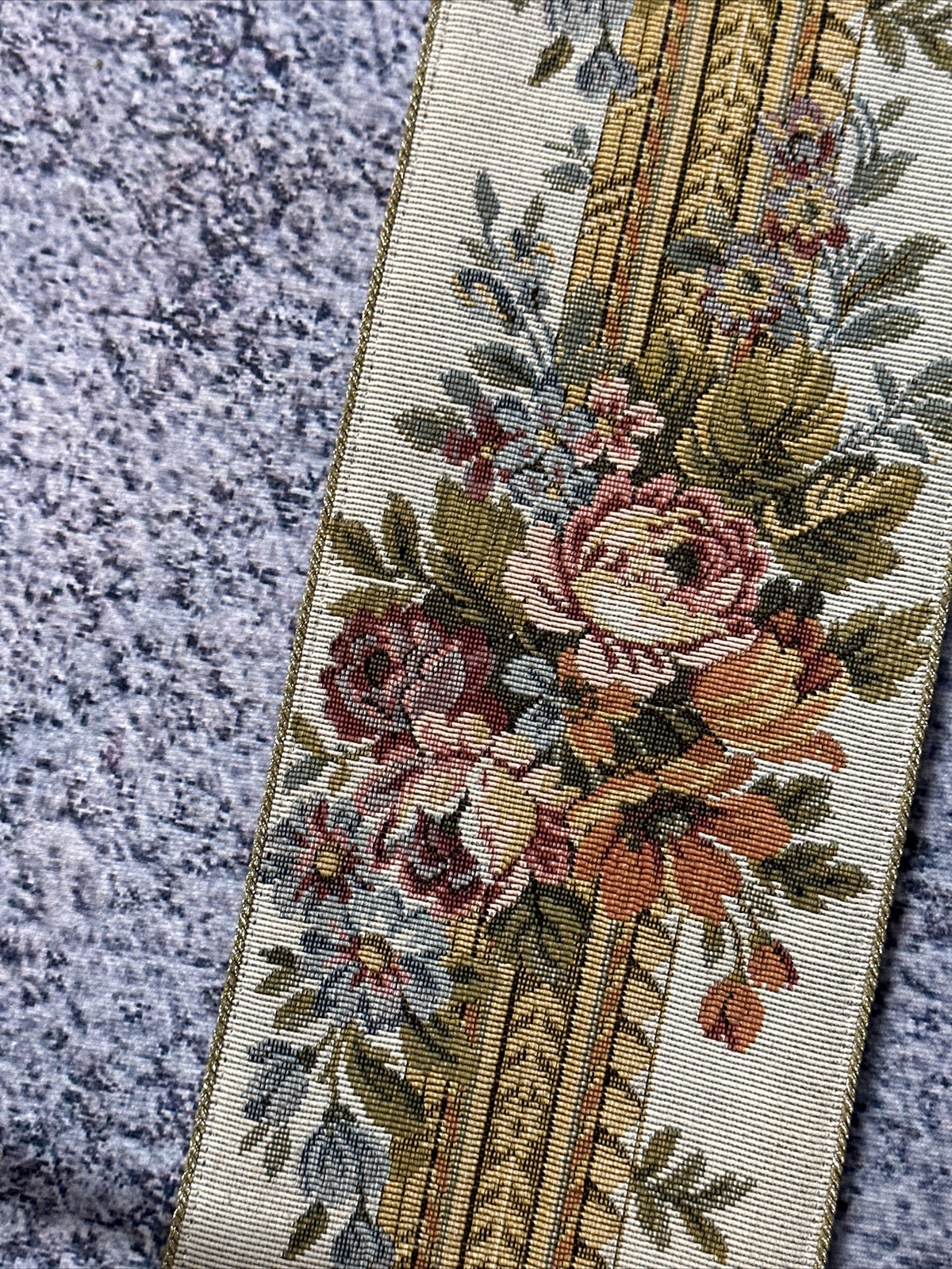 Vintage 38” MCM Corona Decor Tapestry Wall Hanging Roses Ornate Solid Brass Ends