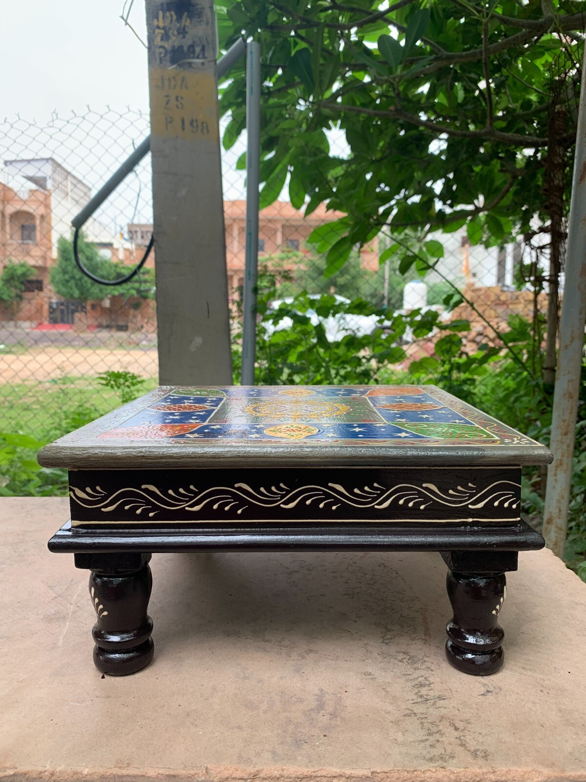 Wooden Chowki Indian Hand Carved Traditional Bajot Decorative Bench Low Stool