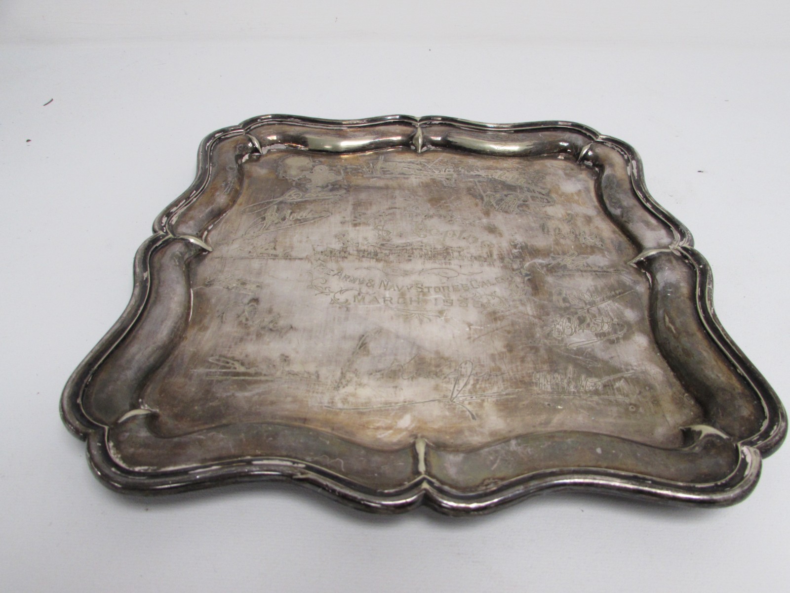 (ref288CS) Antique silver plated tray Army Navy Stores Calcutta 1930 E.S. Peploe
