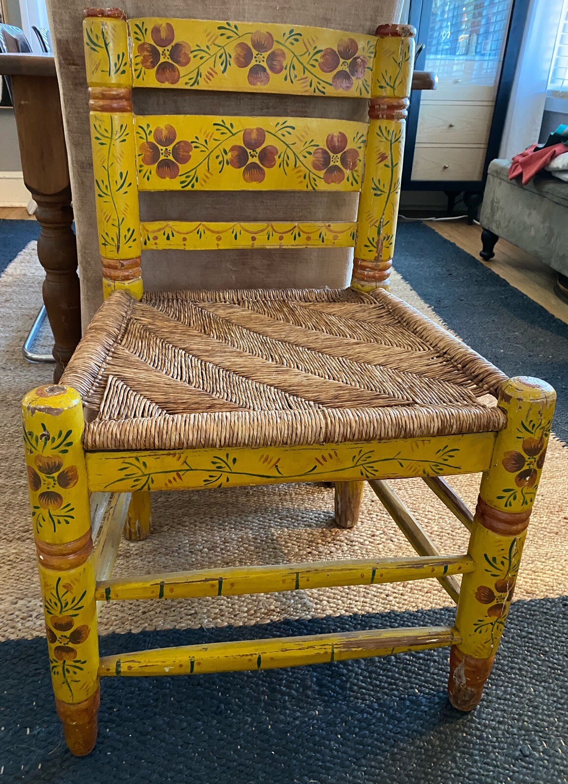 Vintage Mexican Folk Art Painted Rush Accent Chair Adult Sized Sturdy Colorful
