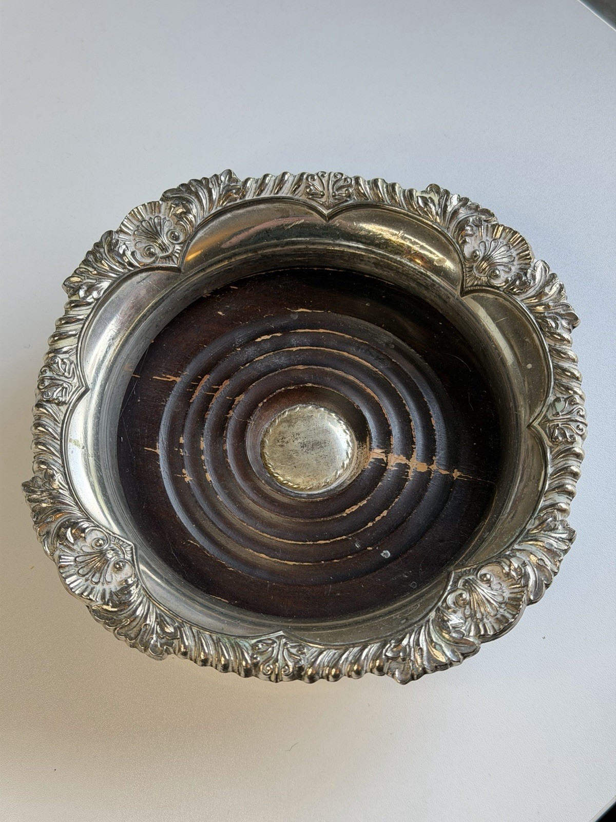 Vintage Silver Plate Wine Bottle Coaster with Dark Wooden Base