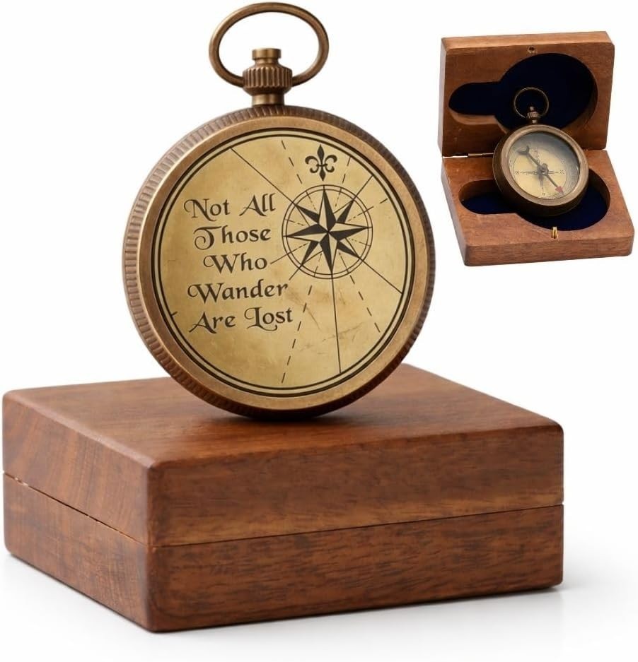 Luxury Engraved Brass Pocket Compass Gift & Elegant Hardwood Presentation Box