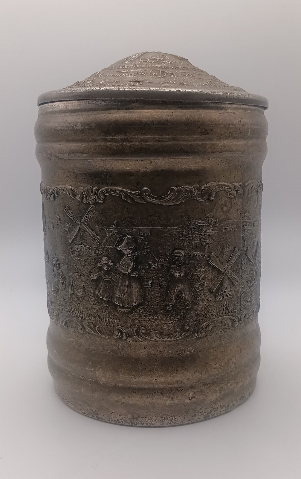 Old Brass Tobacco Jar Humidor Reposse Village Windmill Scene Embossed