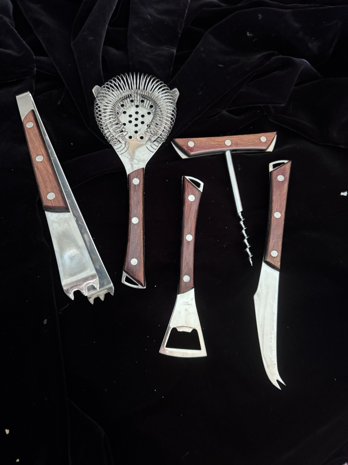 Vintage Bar Tool Set Ice Tongs Strainer Botle Opener Cork Screw Cheese Knife MCM