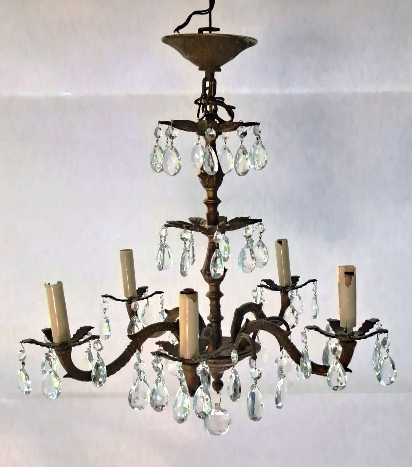 Vintage Brass and Crystal Chandelier 5 Light Ornate 17” Wide