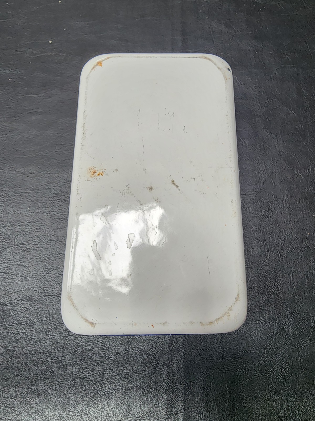 Vintage Enamelware rectangle white w blue trim container Kitchen Ware