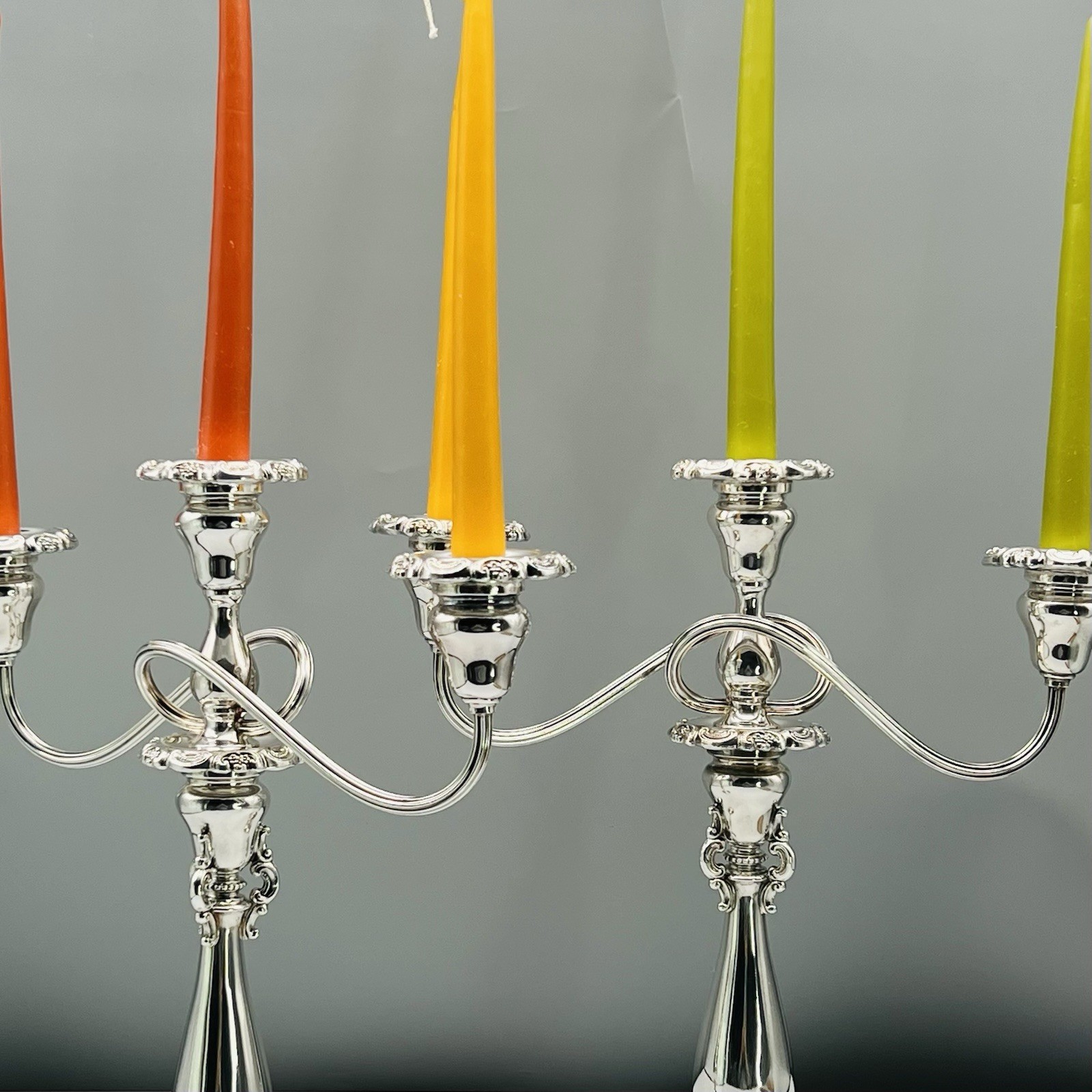Set 2 BAROQUE 3-light Candelabra WALLACE SILVERPLATE 13″ 14″ CONVERTIBLE 5-lb Pr