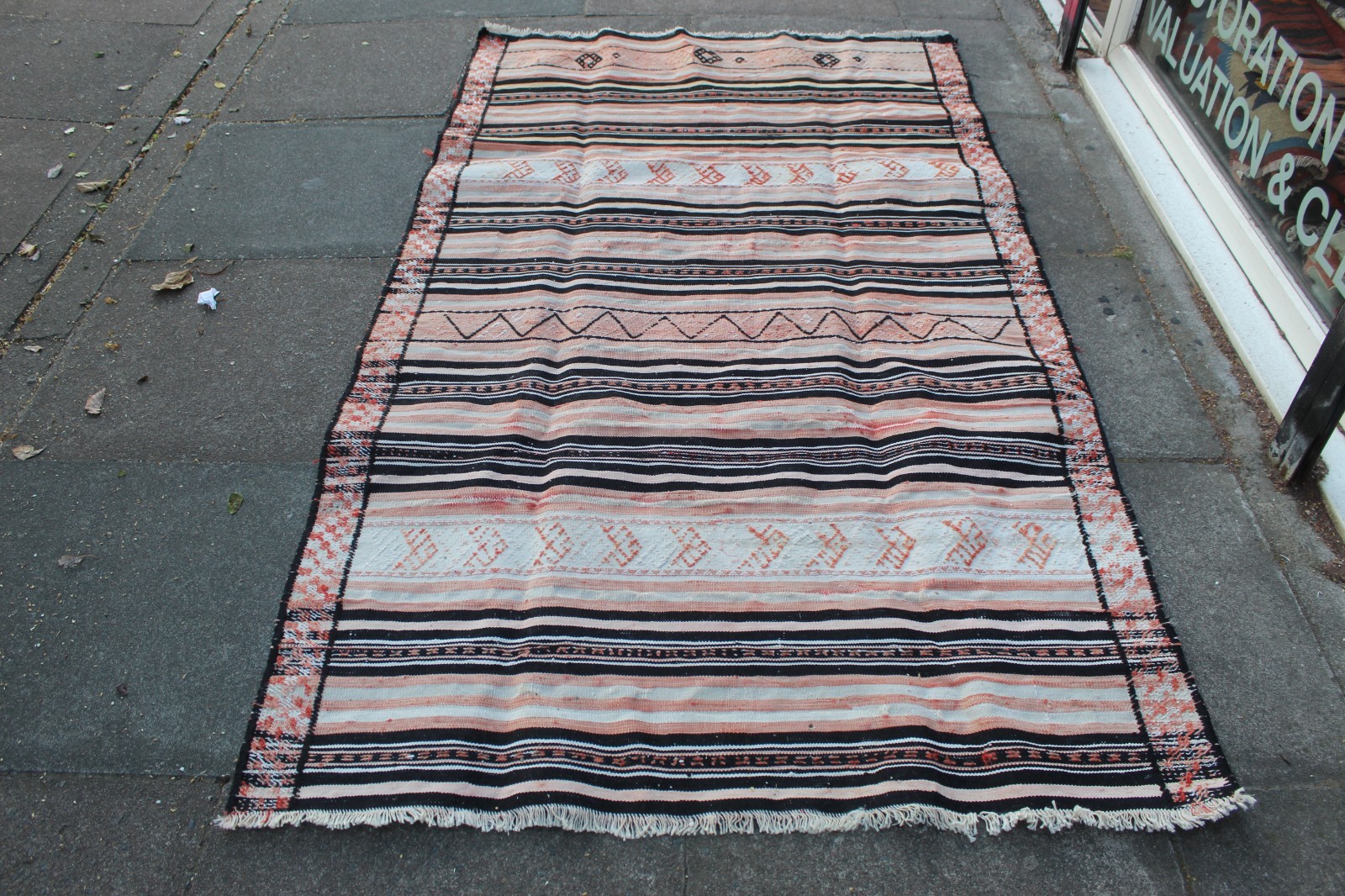 Vintage Traditional Hand Made Oriental Cotton Wool White Long kilim 227x130cm