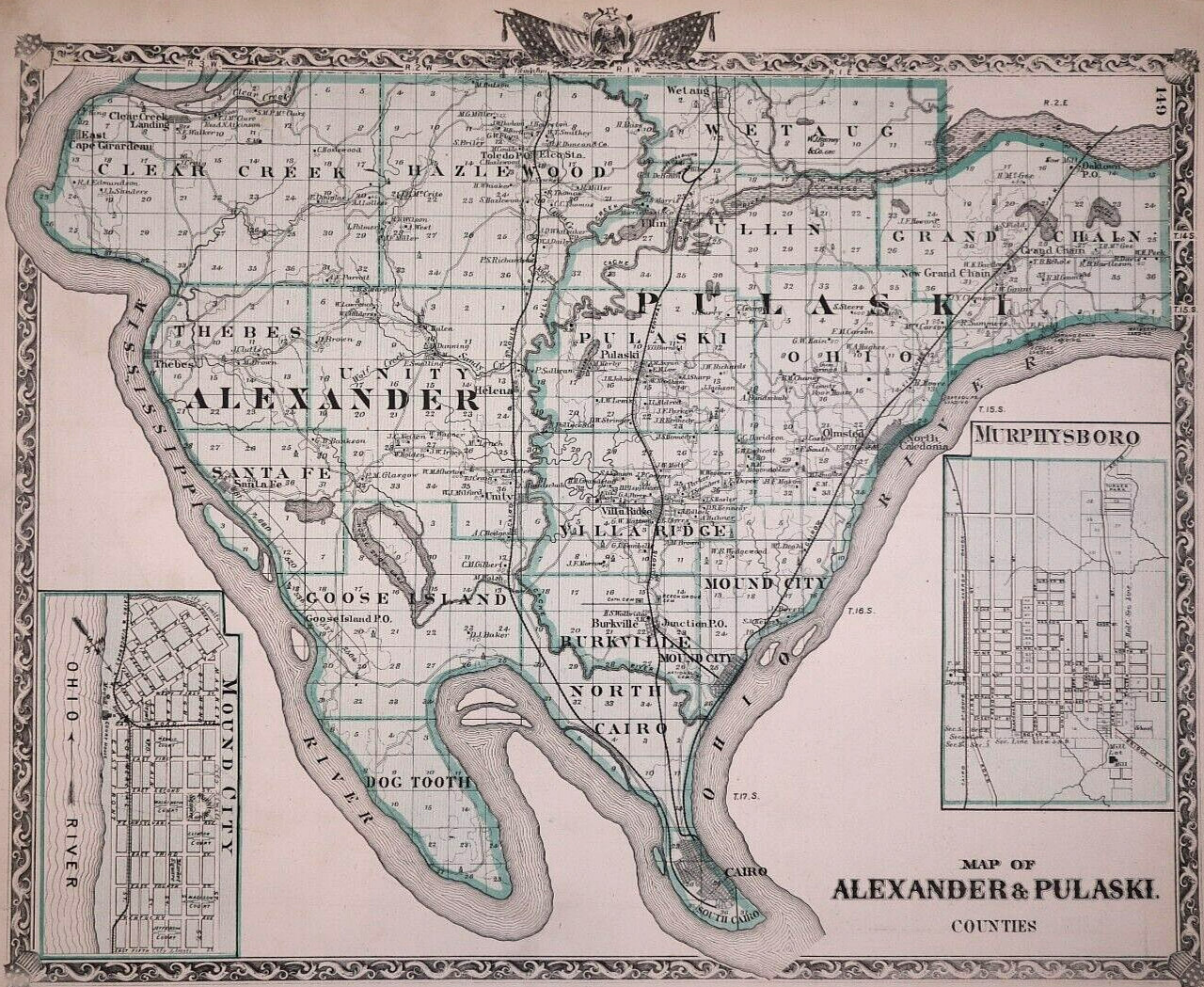 Old 1876 Plat Atlas Map ~ ALEXANDER & PULASKI Co., ILLINOIS / CAIRO on Reverse